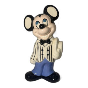 Mickey Mouse old fashioned suit with bow tie holding hat ceramic